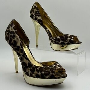 Bakers Jess Pumps Womens 9.5M Leopard Gold Platform Peep Toe Heels Mob Wife